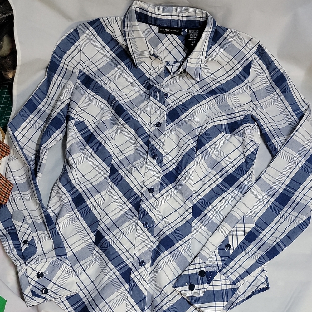 New York & Company Blue and White Checkered Shirt